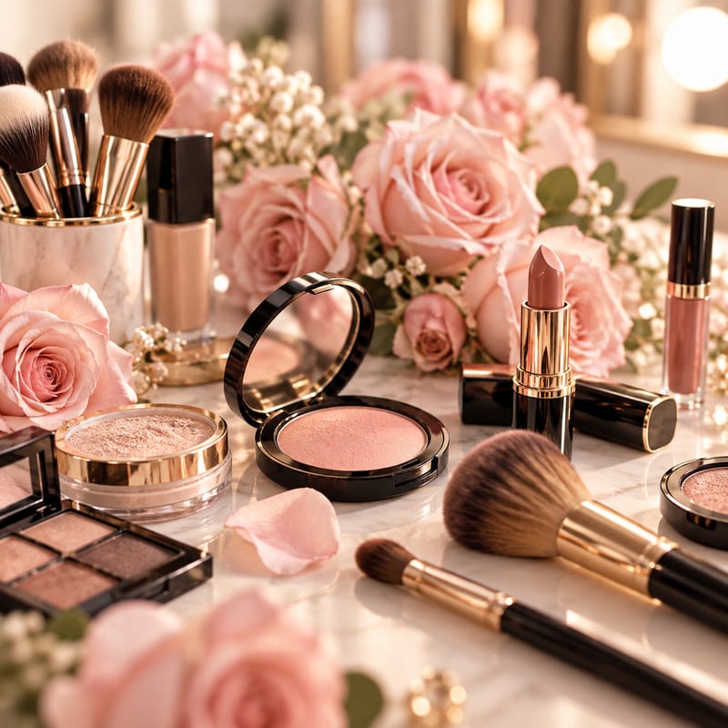 Makeup brushes, compacts and lipsticks among pink roses on a vanity table