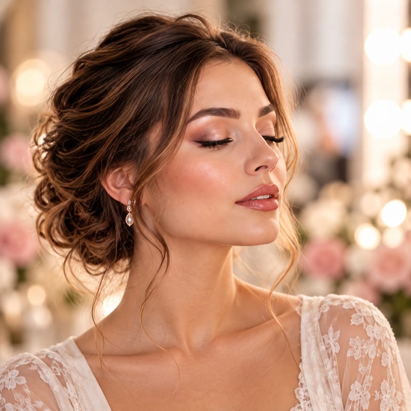Woman with soft rose-toned makeup and a loose updo, eyes closed