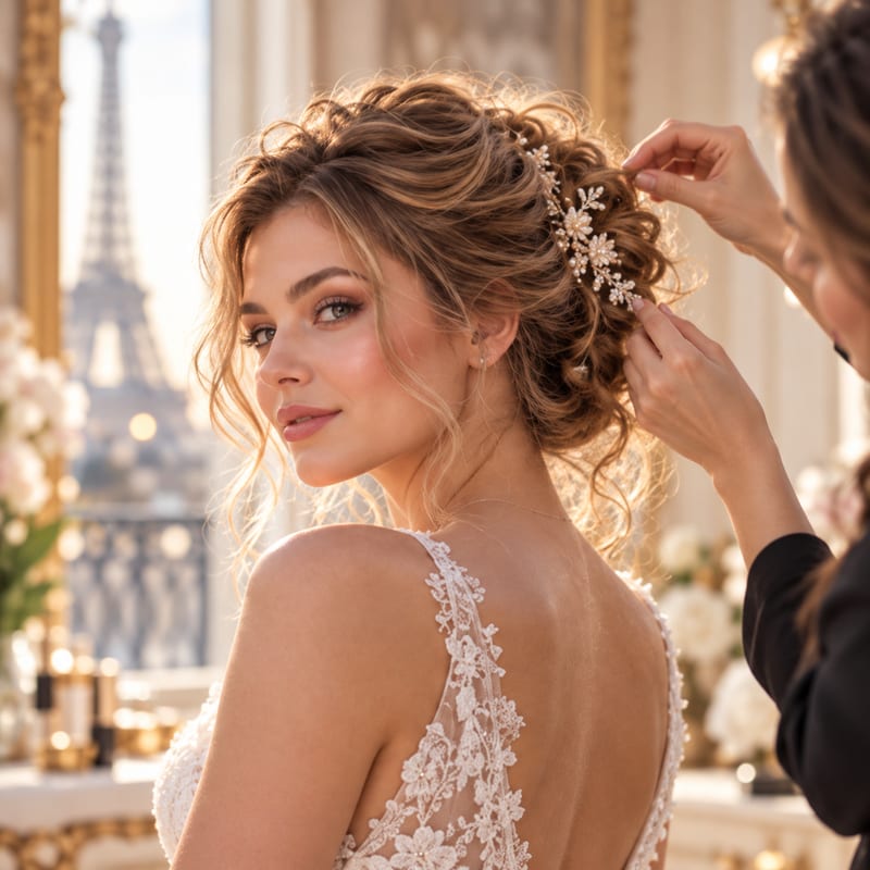 Hairstylist placing a floral pin in an updo, Eiffel Tower in the background