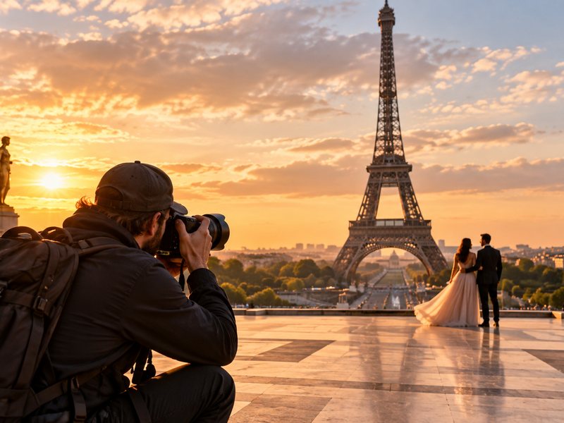Photographer shooting a couple in front of the Eiffel Tower at sunset