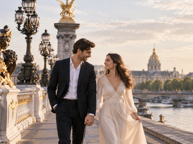 Pre-wedding couple holding hands on Pont Alexandre III at sunset
