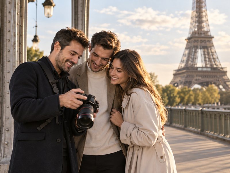 Photographer showing a shot on his camera to a smiling couple on Pont Alexandre III with the Eiffel Tower behind