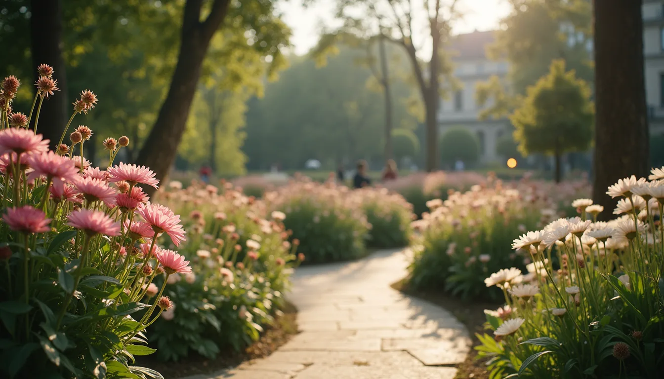Wide angle view of a quiet garden with blooming flowers in Paris