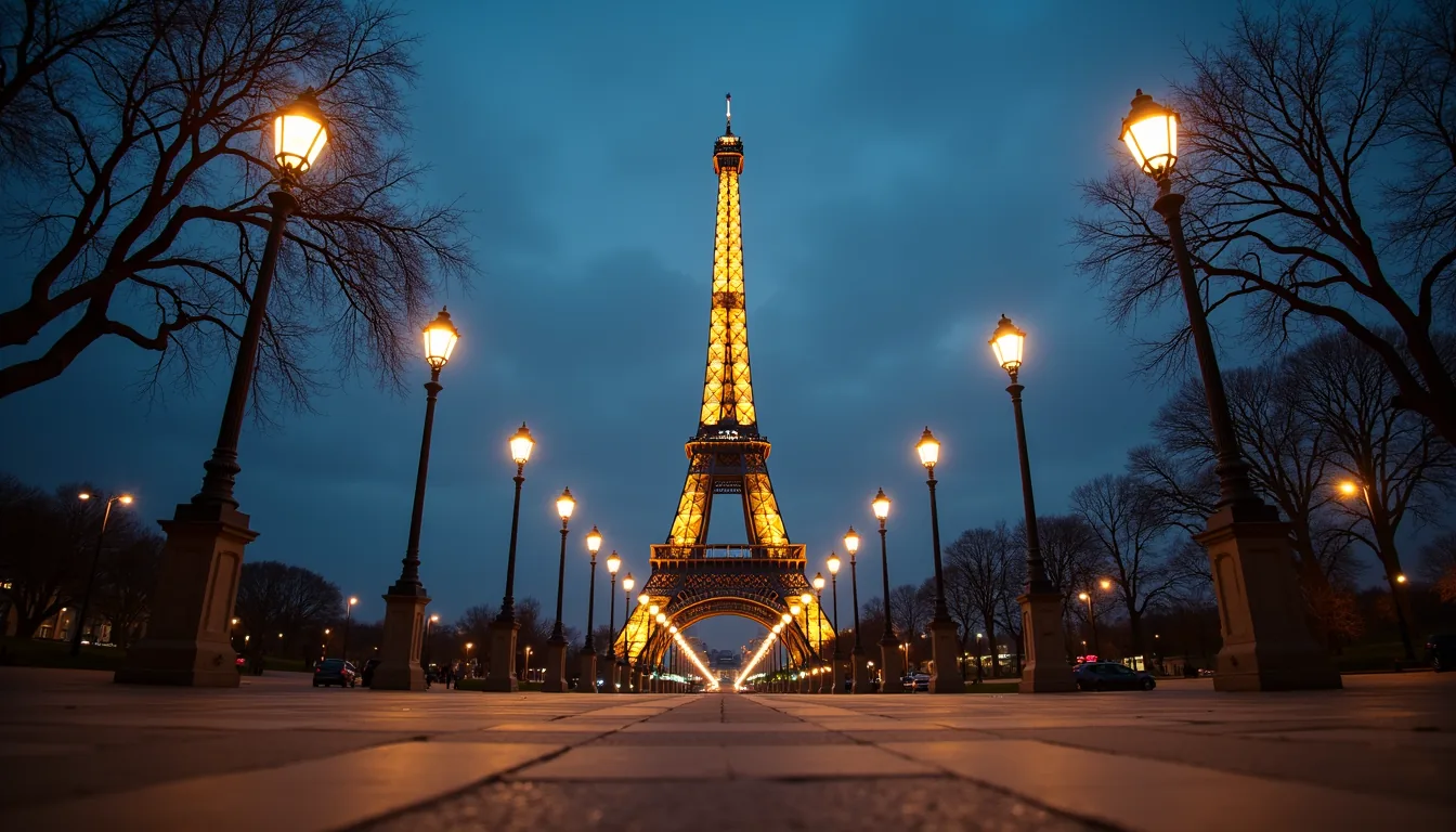 Eye-level view of the Eiffel Tower framed by Parisian street lamps