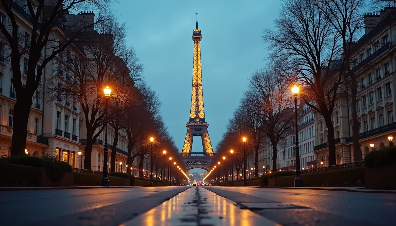 Eye-level view of the Eiffel Tower framed by Parisian street lamps