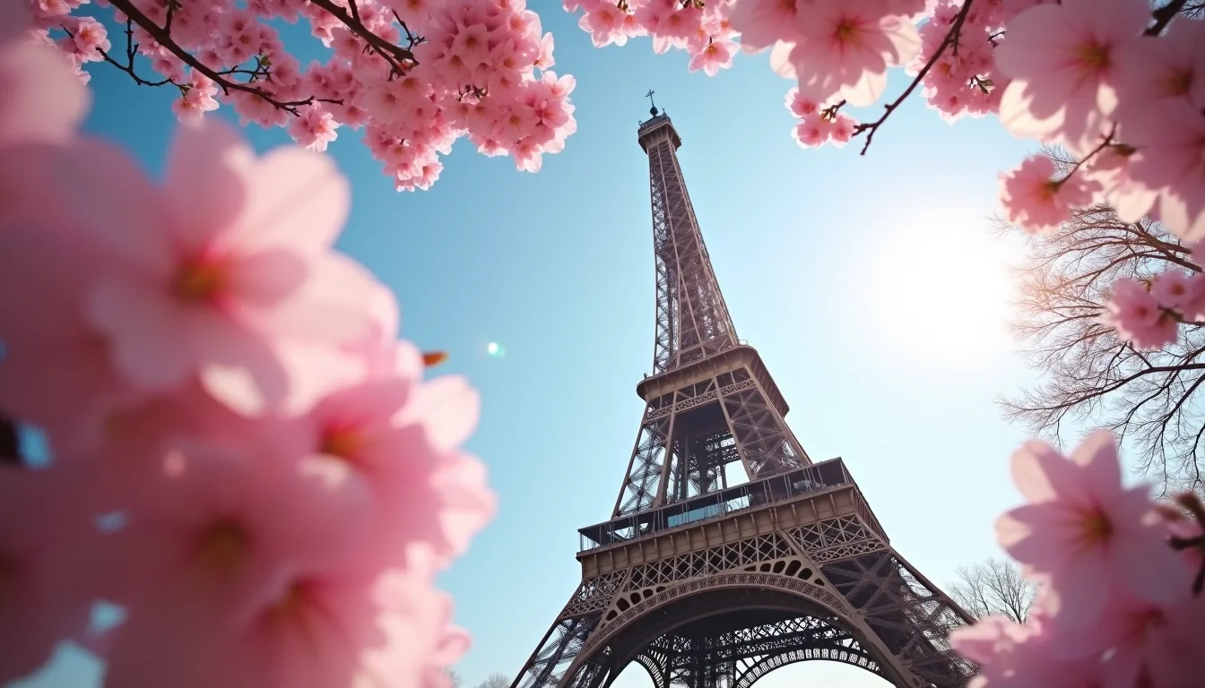 Eye-level view of the Eiffel Tower framed by blooming cherry blossoms