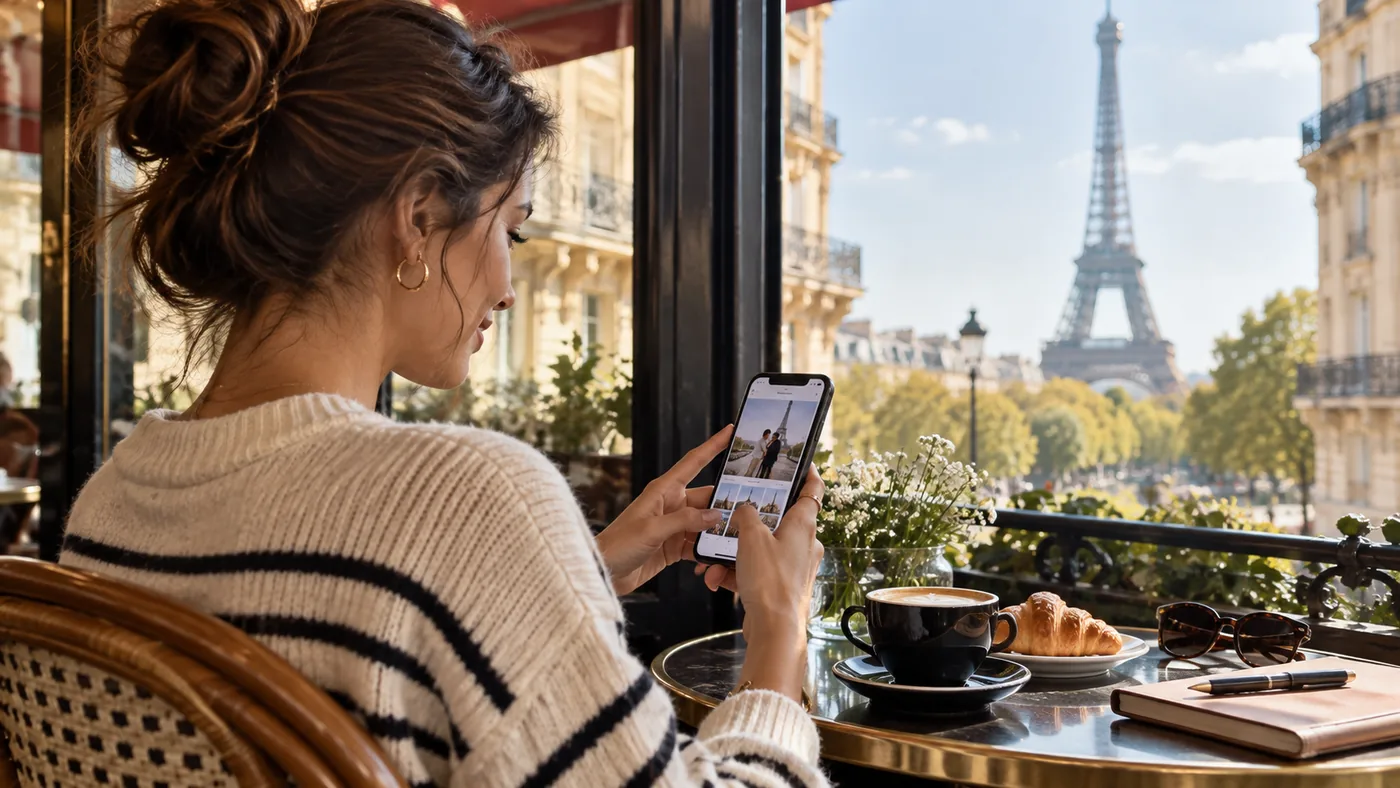 Eye-level view of the Eiffel Tower framed by Parisian street lamps