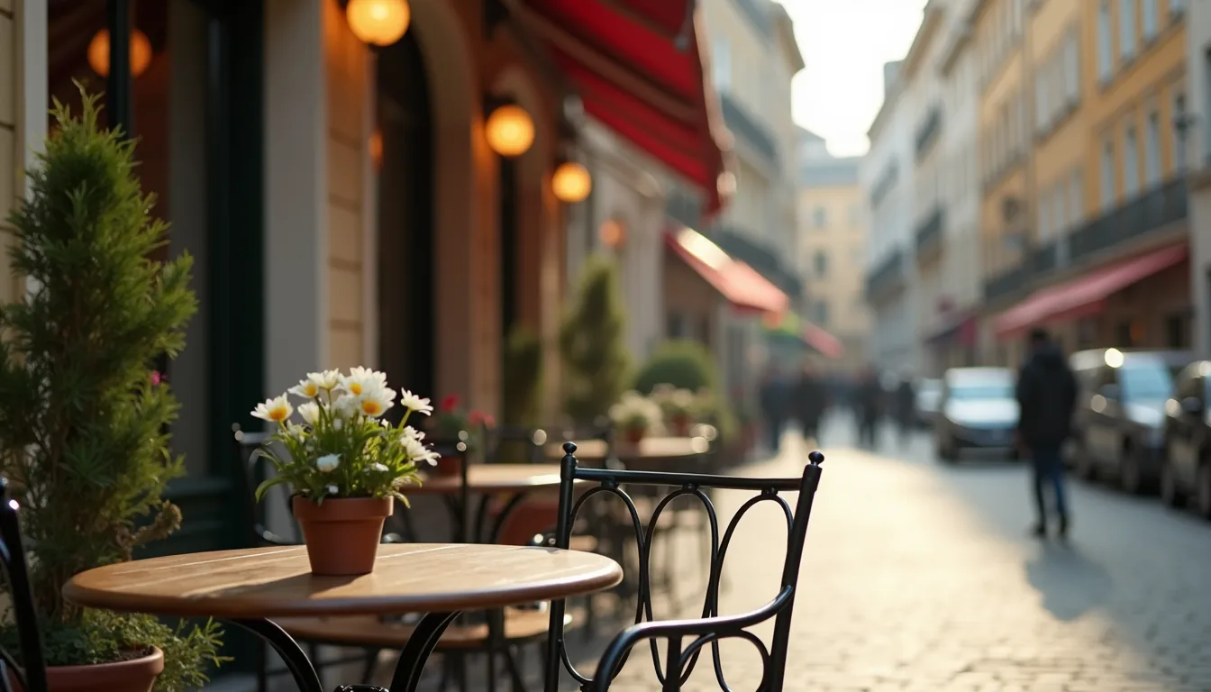 Close-up view of a vintage café terrace with a small round table and chairs