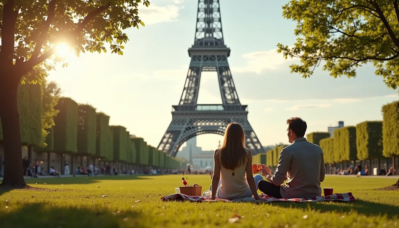 Wide angle view of a couple having a picnic on Champ de Mars with the Eiffel Tower in the background