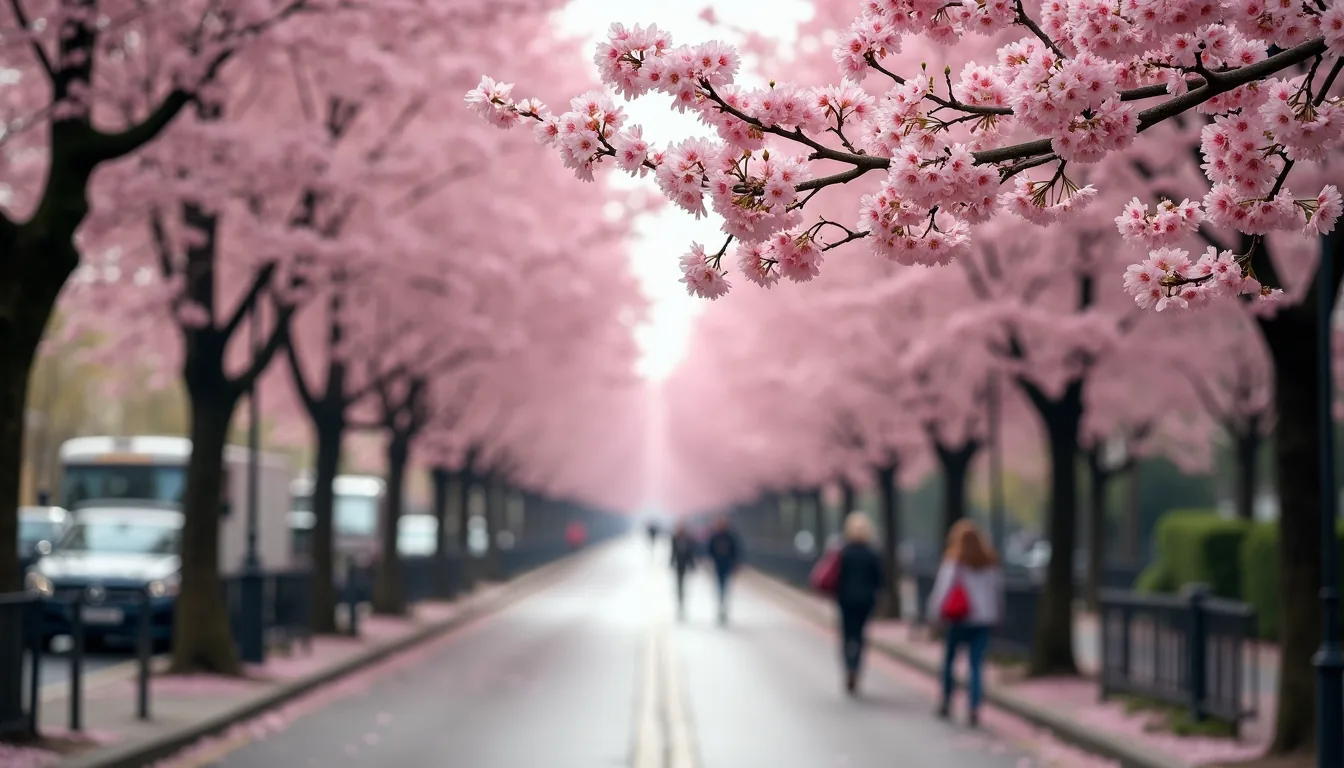 Eye-level view of cherry blossom trees lining a Parisian street
