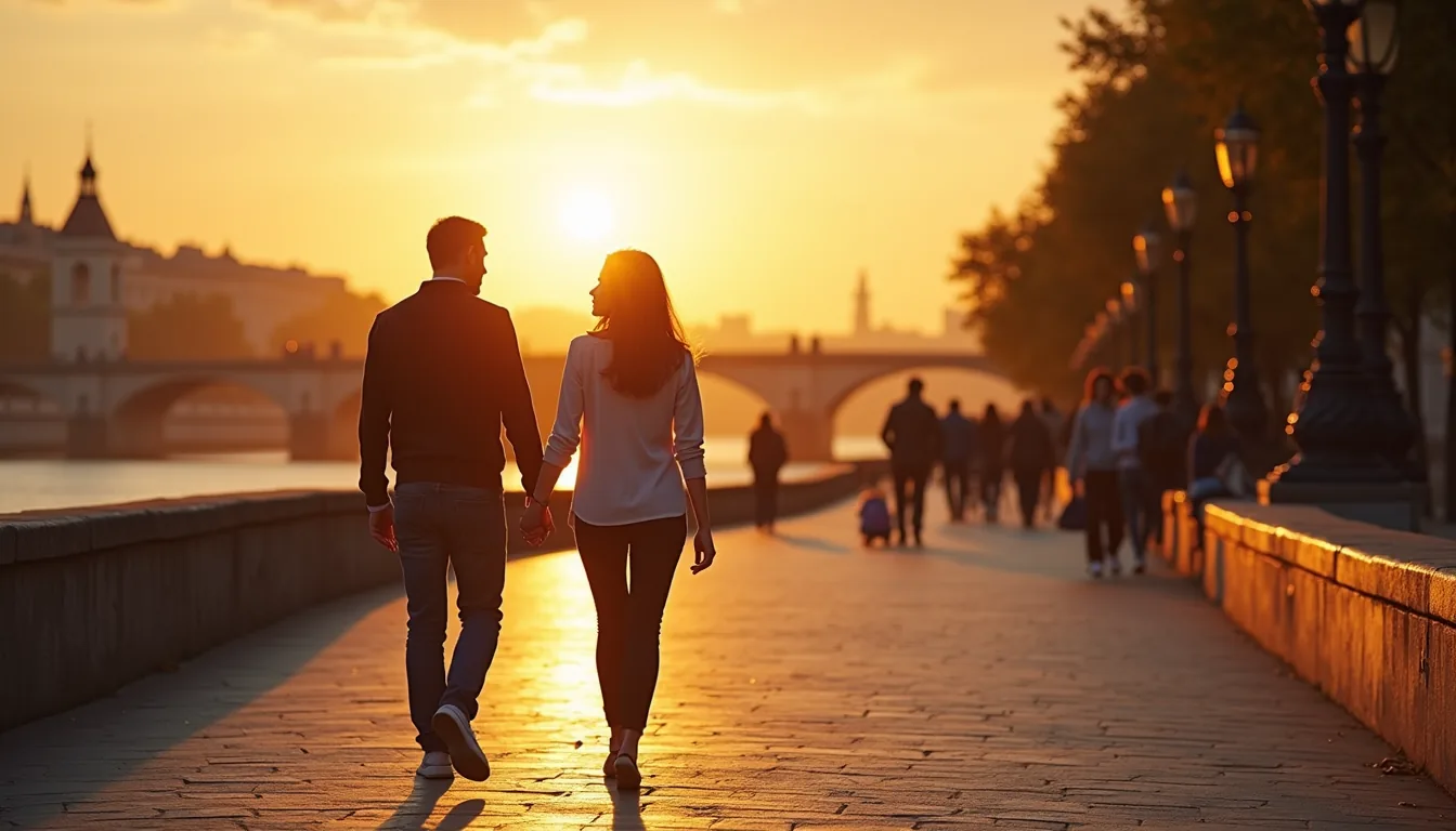 Wide angle view of a couple walking hand in hand along the Seine River at sunset