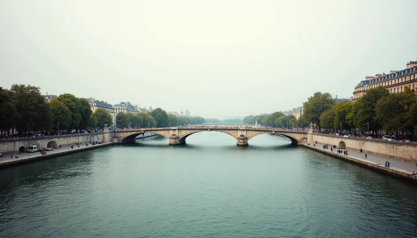 Wide angle view of the Seine River with historic bridges in Paris