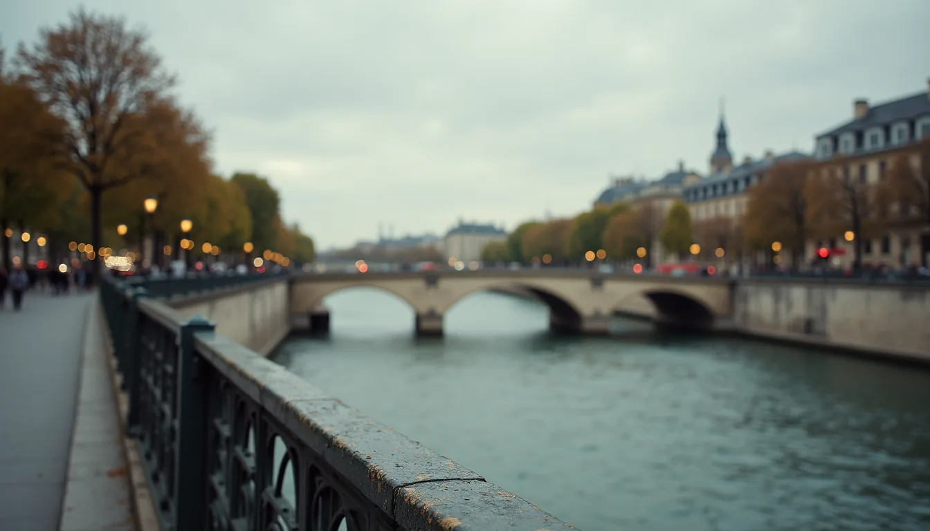 Close-up view of a vintage Parisian bridge with the Seine river below