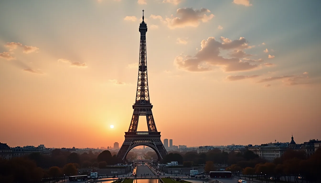 Eye-level view of the Eiffel Tower with a soft sunset sky