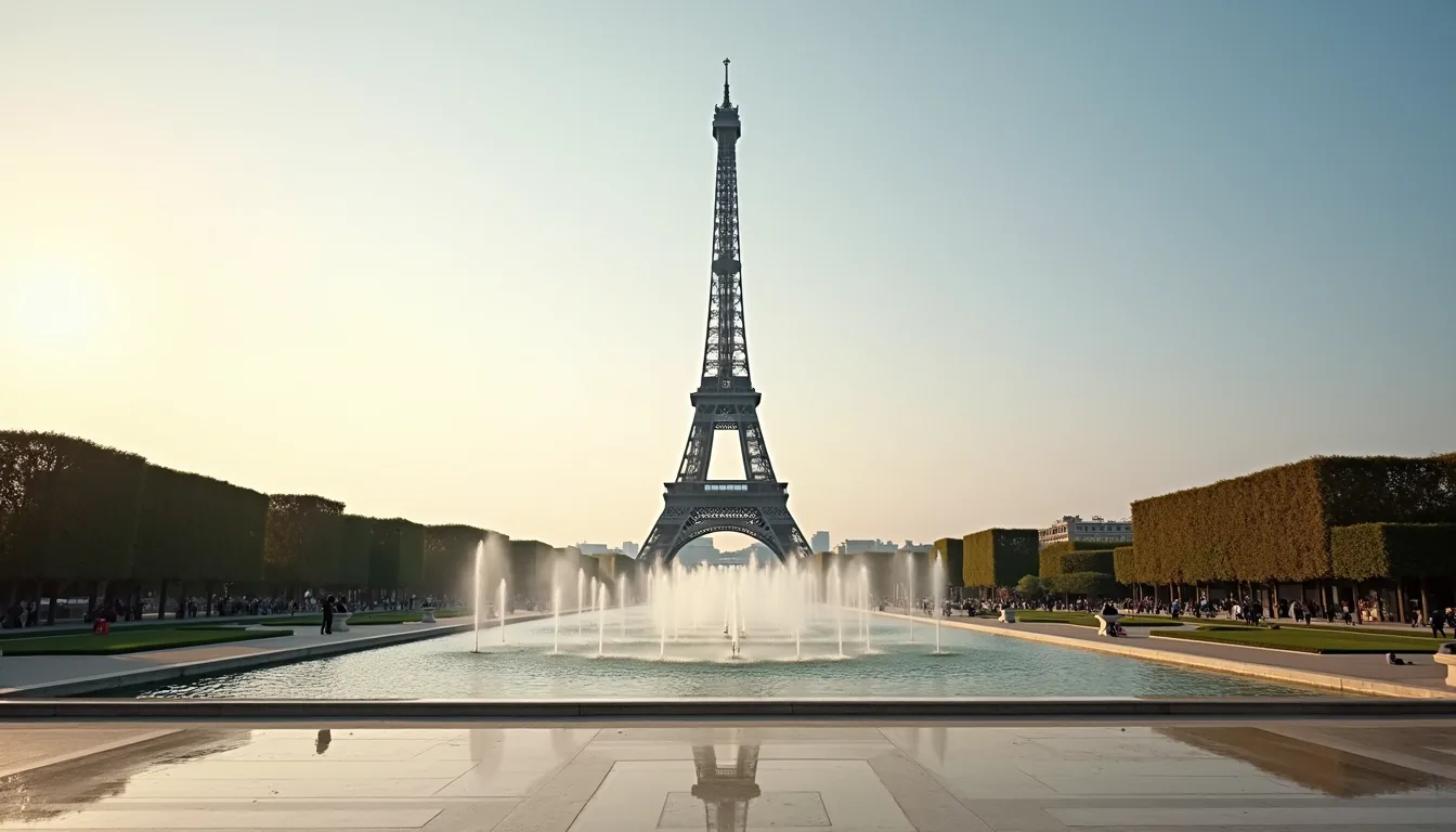 Wide angle view of Eiffel Tower from Trocadéro Gardens with fountains in foreground
