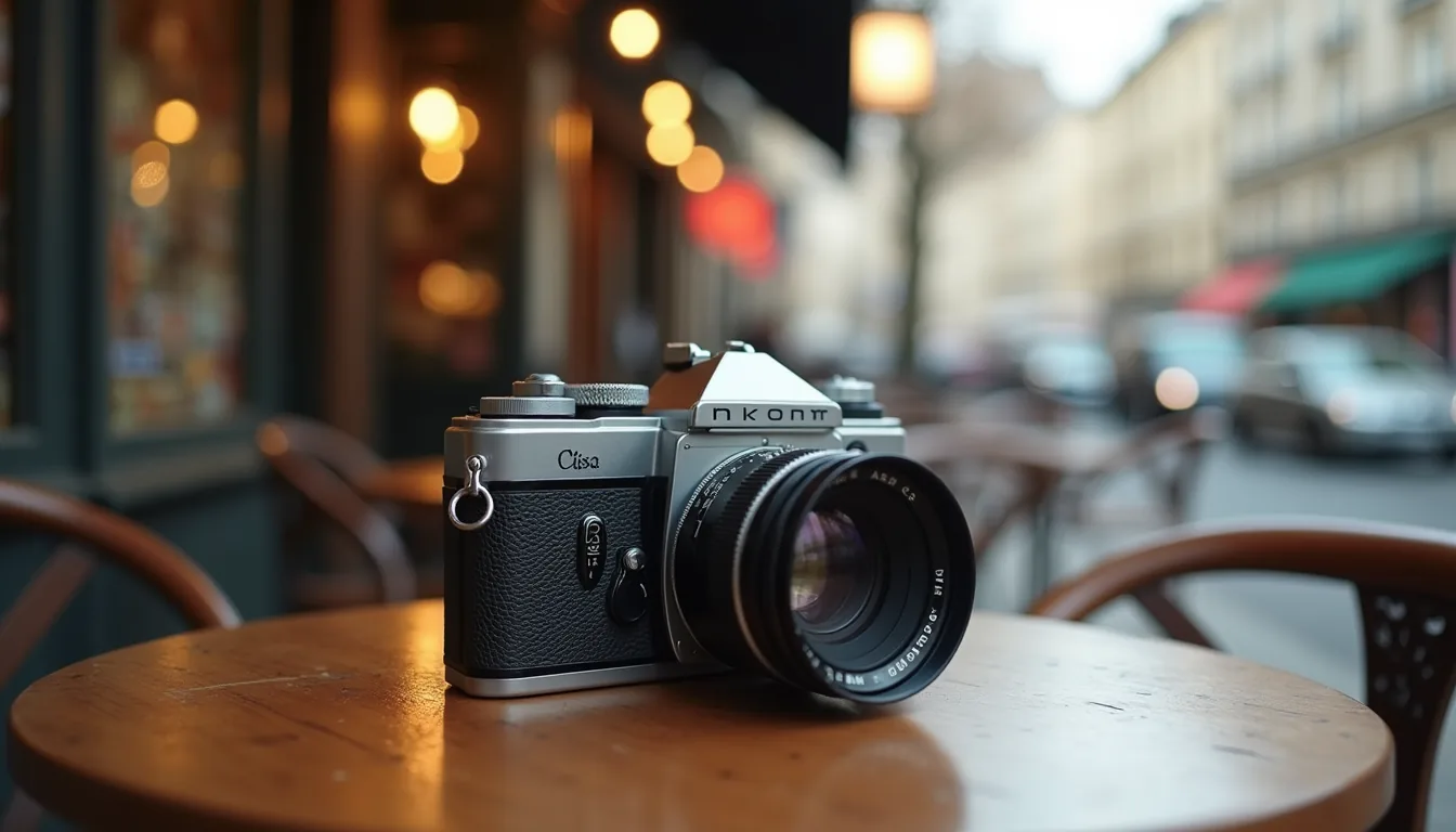 Close-up view of a vintage camera on a Parisian café table