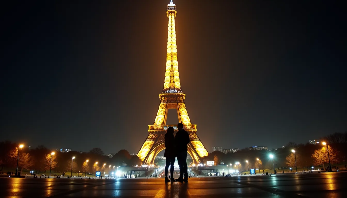 Eye-level view of the Eiffel Tower sparkling at night with a couple in silhouette