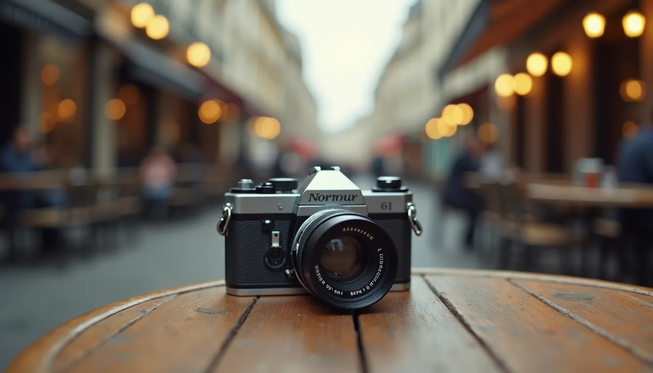 Close-up view of a vintage camera resting on a Parisian café table