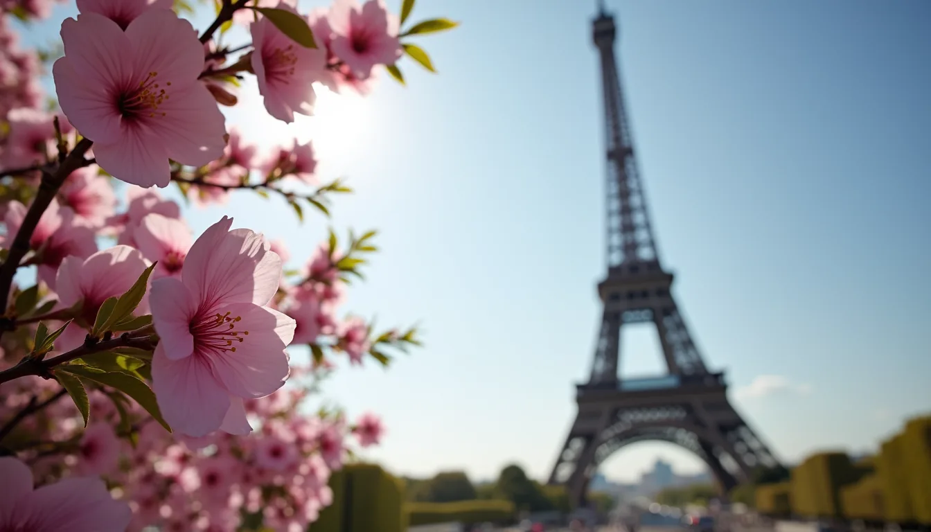 Wide angle view of the Eiffel Tower framed by blooming spring flowers