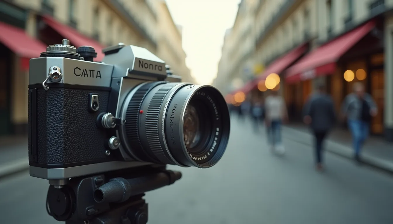 Close-up view of a vintage camera on a Parisian street