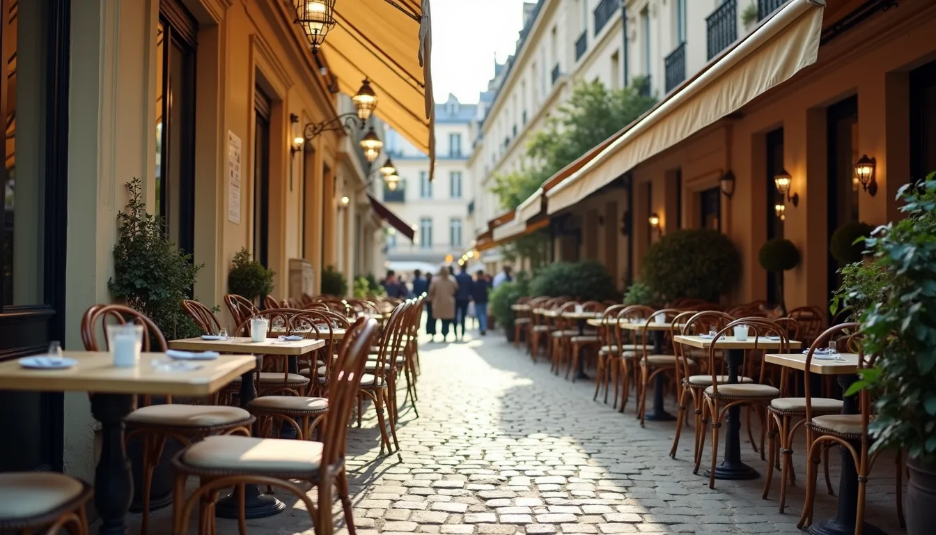 Wide angle view of a Parisian café terrace with tables and chairs