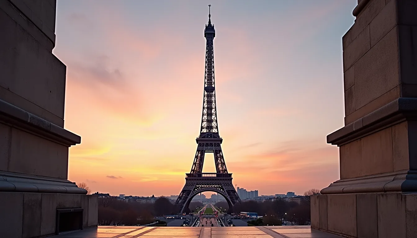 Eye-level view of the Eiffel Tower with a soft sunset sky