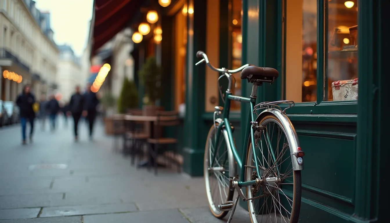 Close-up view of a vintage bicycle leaning against a Parisian cafe wall