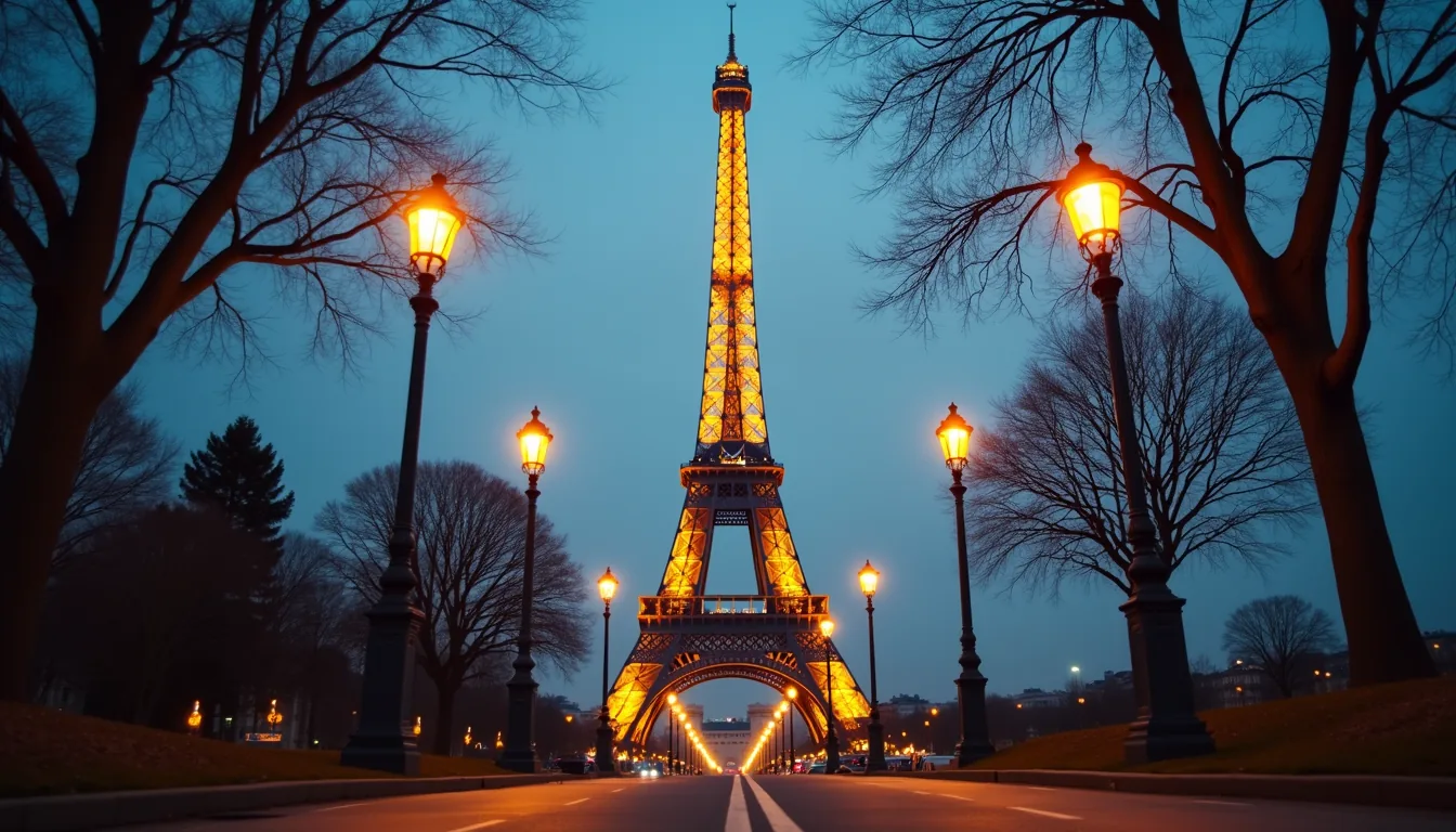 Eye-level view of the Eiffel Tower framed by Parisian street lamps