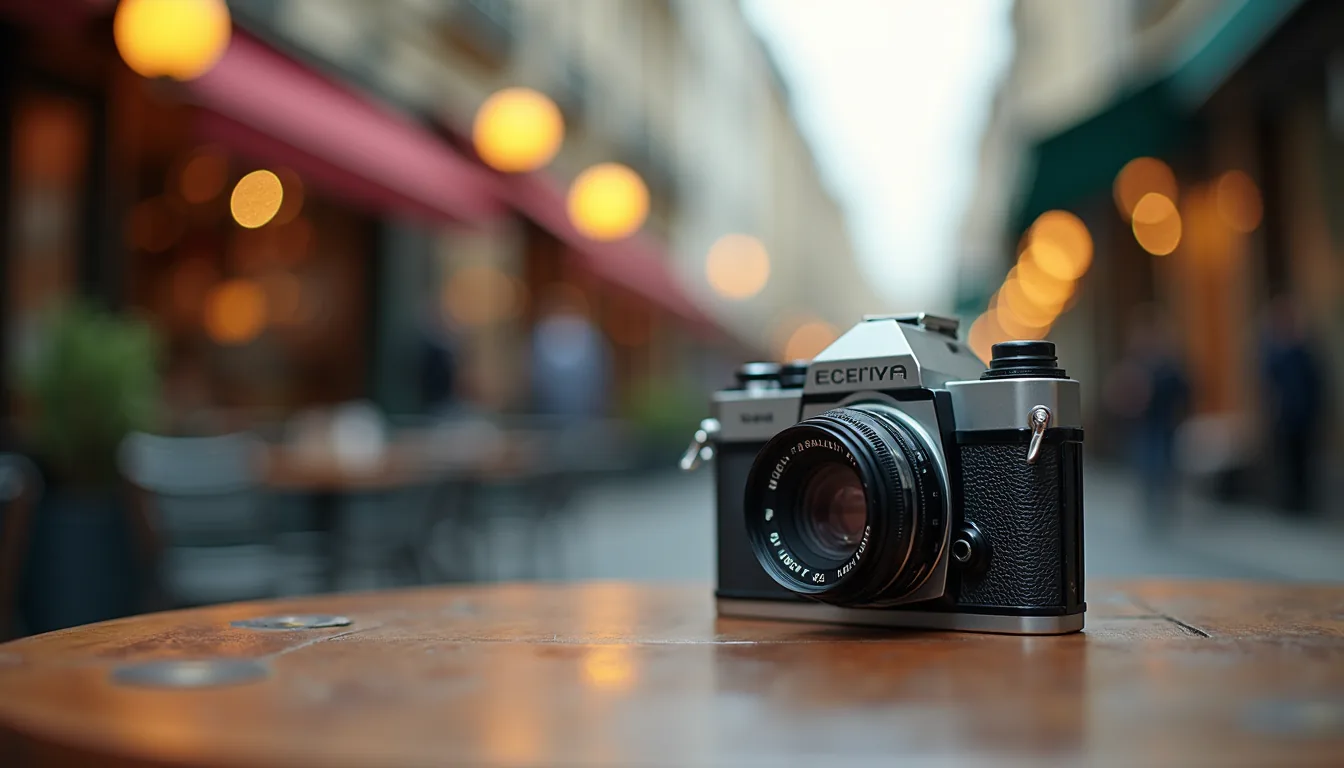 Close-up view of a vintage camera on a Parisian café table