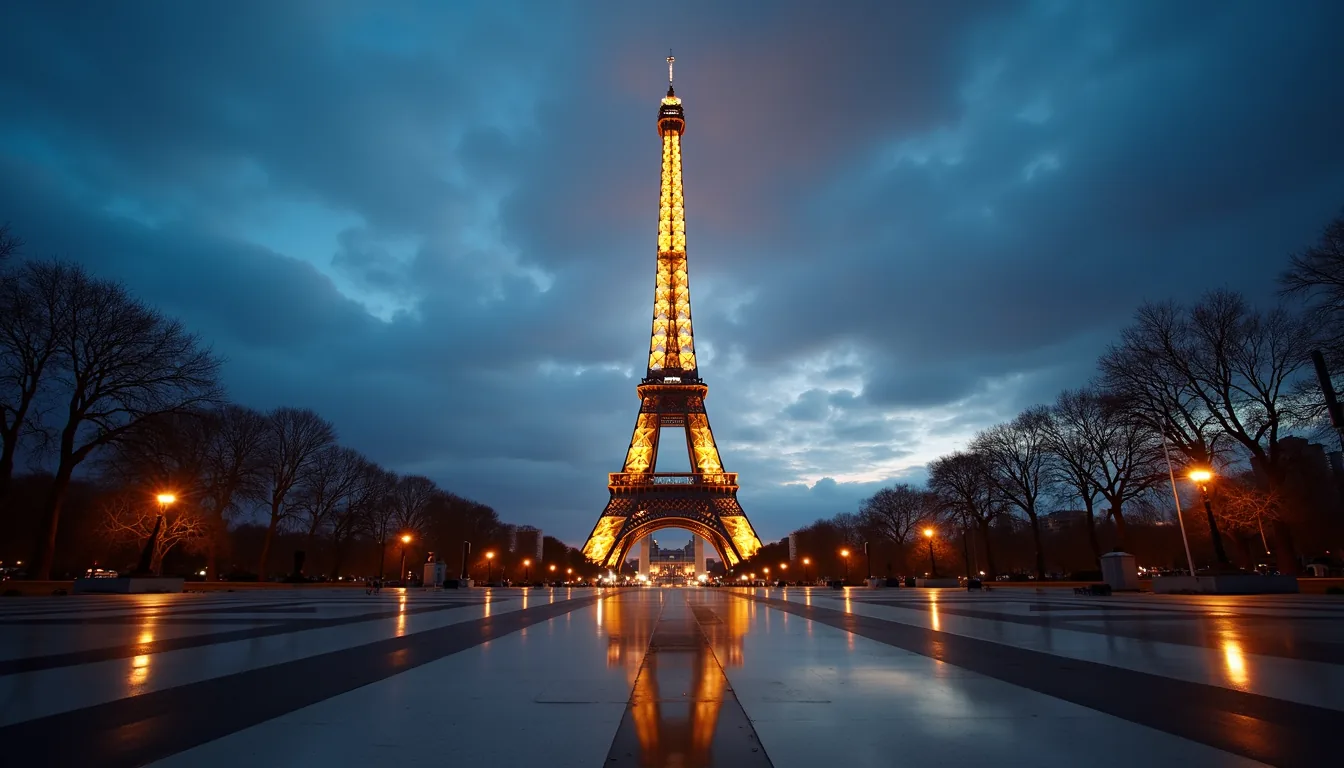 Eye-level view of the Eiffel Tower sparkling at dusk