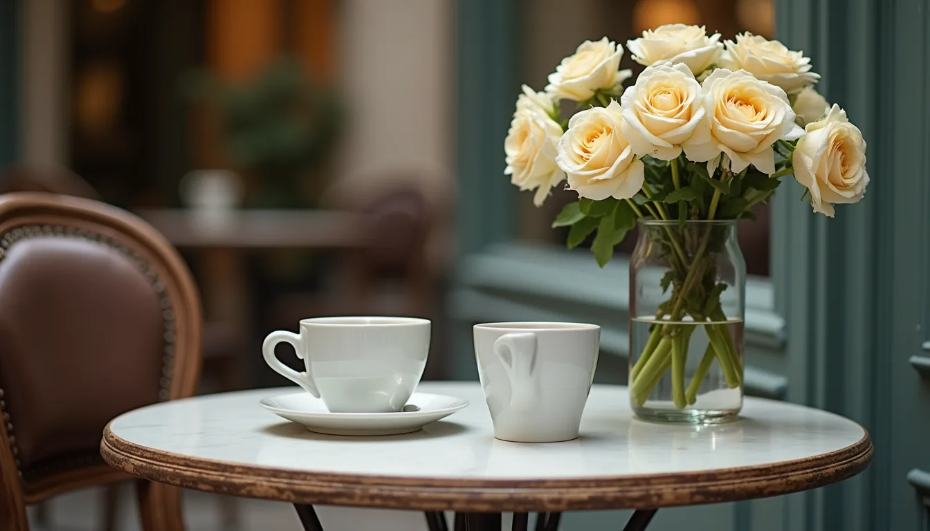Close-up view of a vintage Parisian café table with flowers and coffee