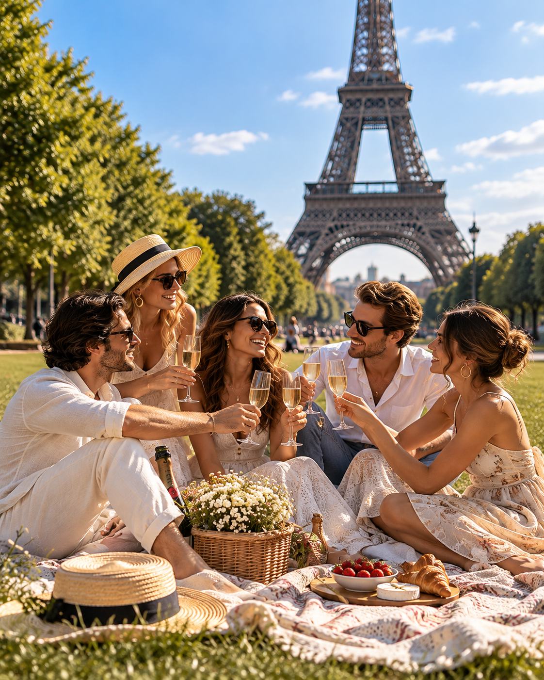Five friends toasting with champagne on a picnic blanket in front of the Eiffel Tower