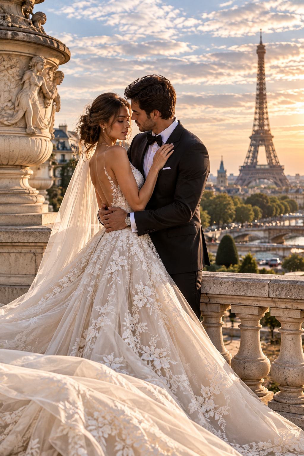 A bride and groom embrace on a terrace with the Eiffel Tower at sunrise
