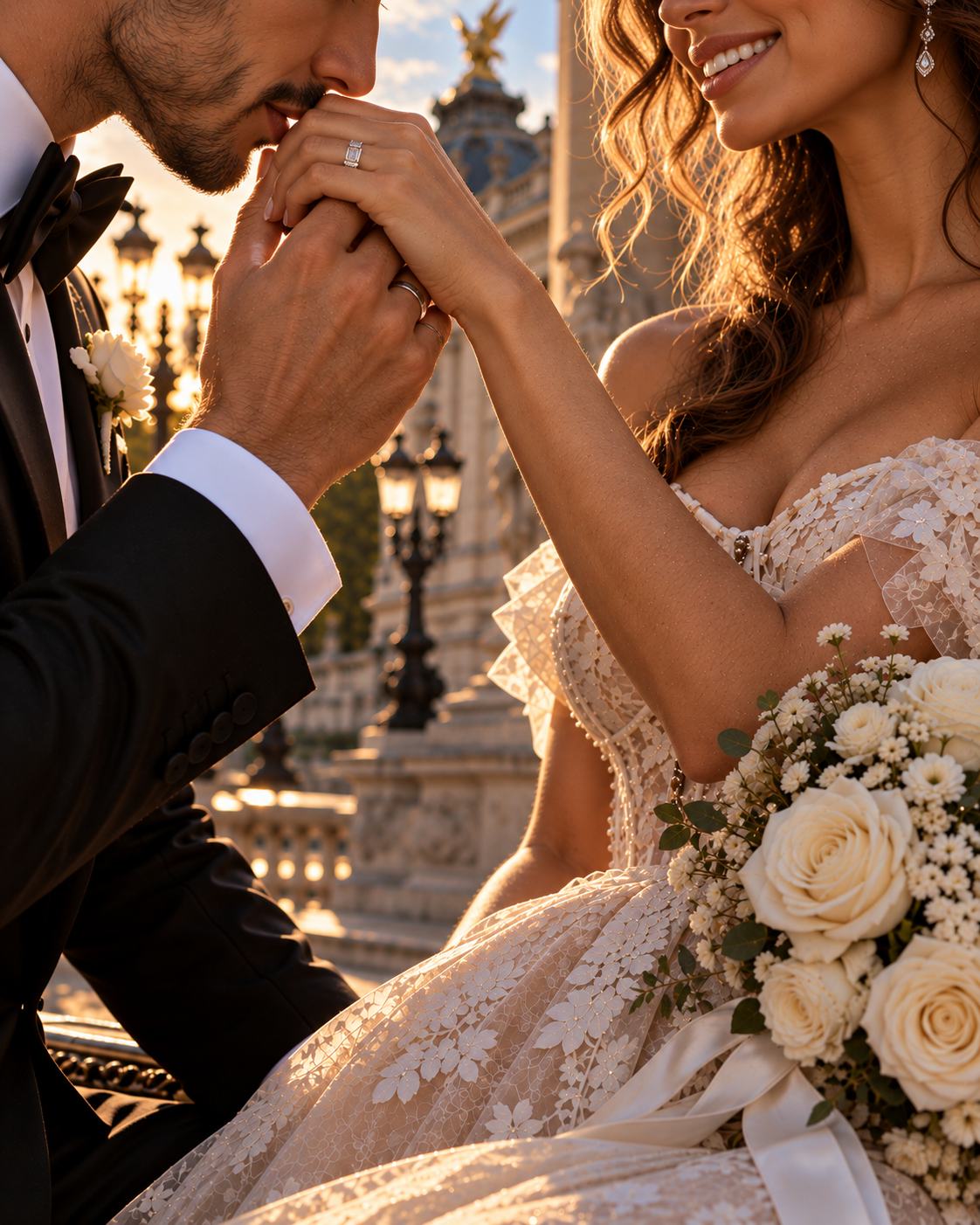A groom kisses the bride's hand; she holds a white rose bouquet