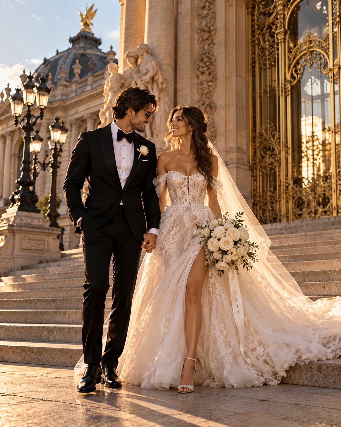 A bride and groom smile at each other on the steps of the Petit Palais