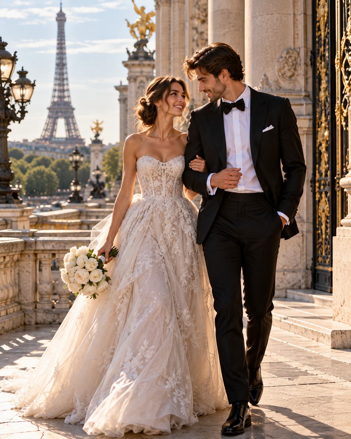 A bride and groom walk arm in arm on Pont Alexandre III