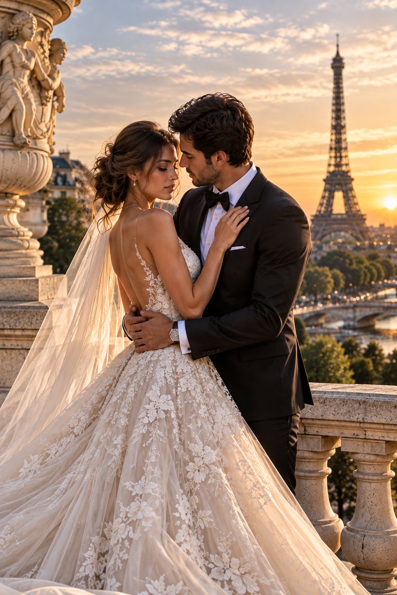 Wedding couple embracing on a stone balustrade with the Eiffel Tower at sunset
