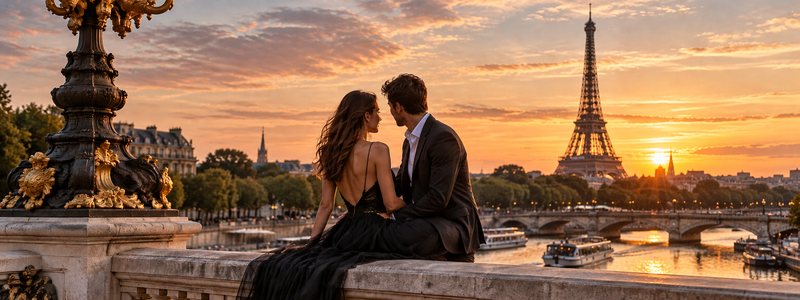 A couple sits on a stone balustrade of Pont Alexandre III at sunset, the Eiffel Tower behind them