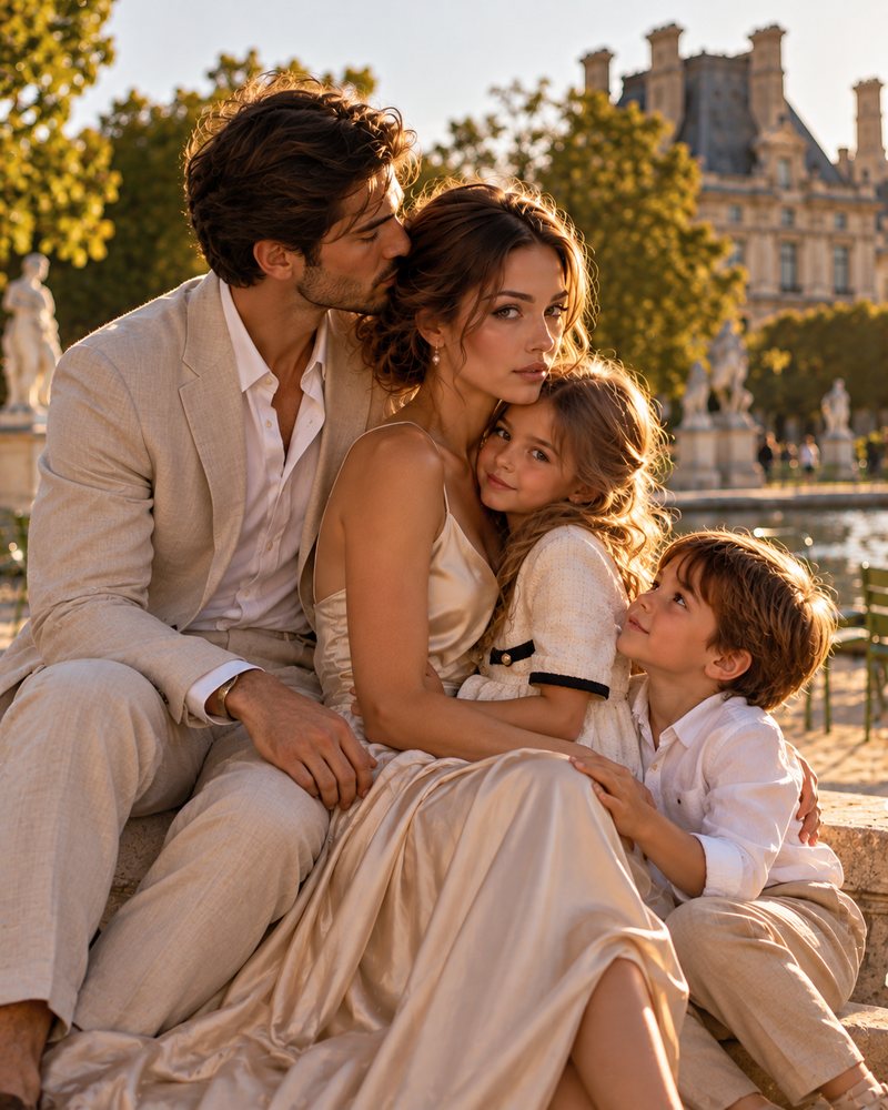 Family photoshoot in the Tuileries Garden: father, mother, daughter and son